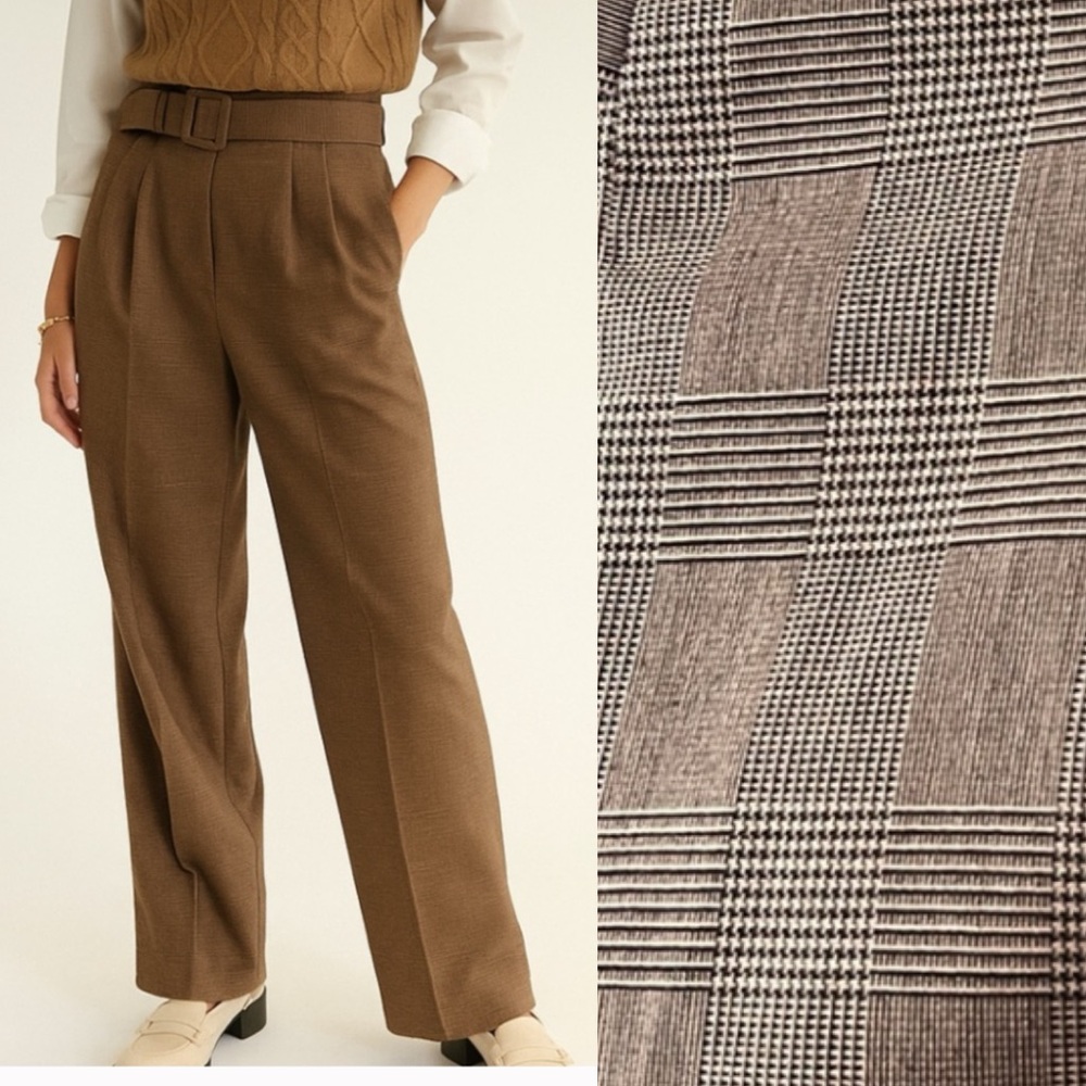L’Academie Brown Glen Plaid Ultra High Rise Pants Square Belt l XS Side Zip